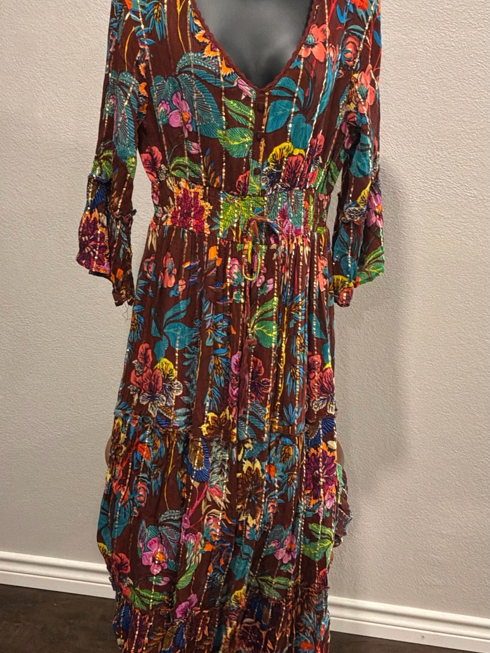 Bohemian Floral Tiered Maxi Dress in Brown Multi